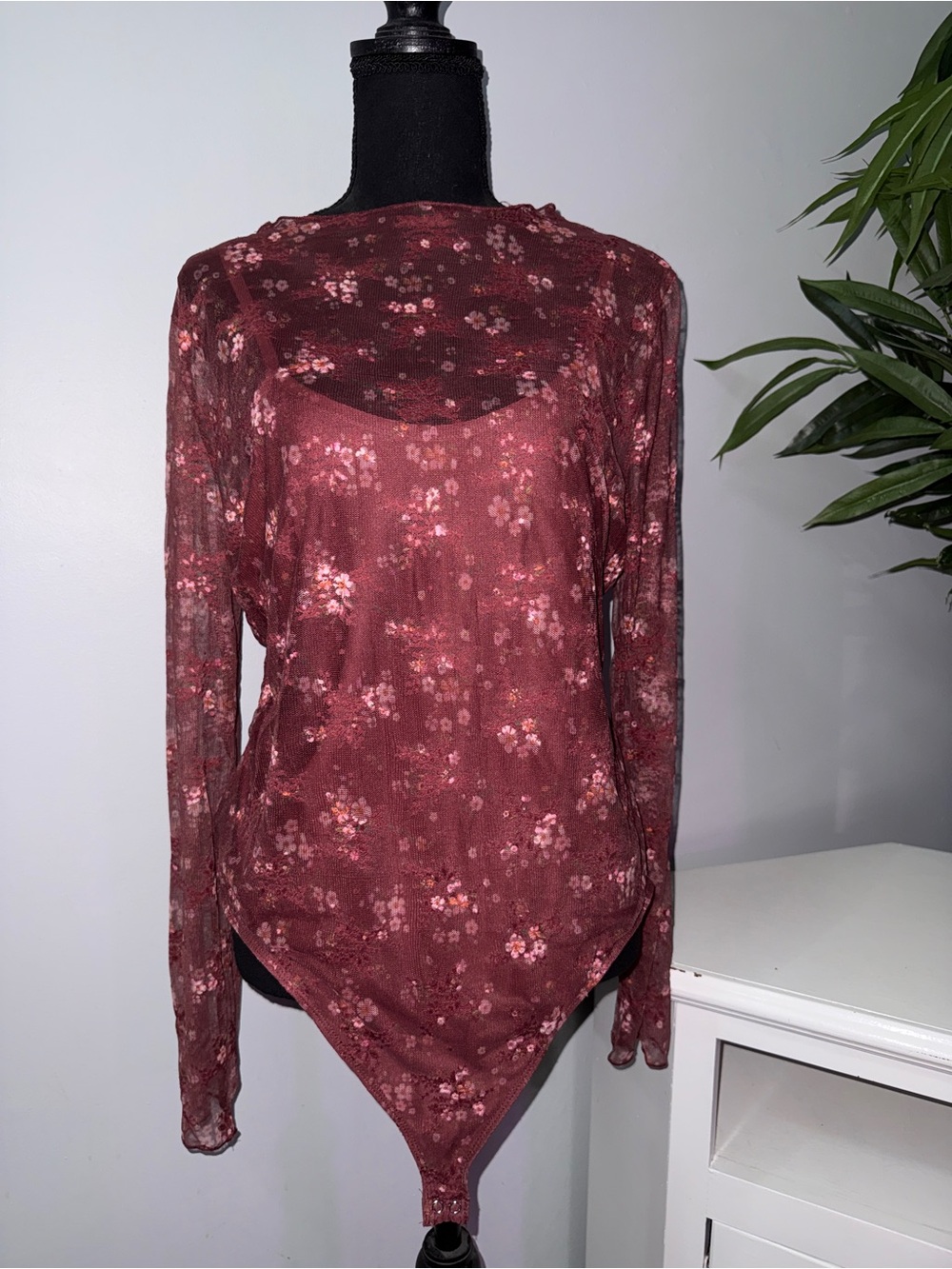 Floral Sheer Long-Sleeve Burgundy Bodysuit